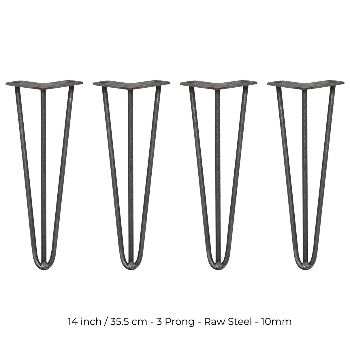 4 x 14" Hairpin Legs - 3 Prong - 10mm - Raw Steel