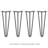 4 x 14" Hairpin Legs - 3 Prong - 10mm - Raw Steel