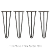 4 x 14" Hairpin Legs - 3 Prong - 12mm - Raw Steel