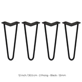 4 x 12" Hairpin Legs - 2 Prong - 12mm - Black