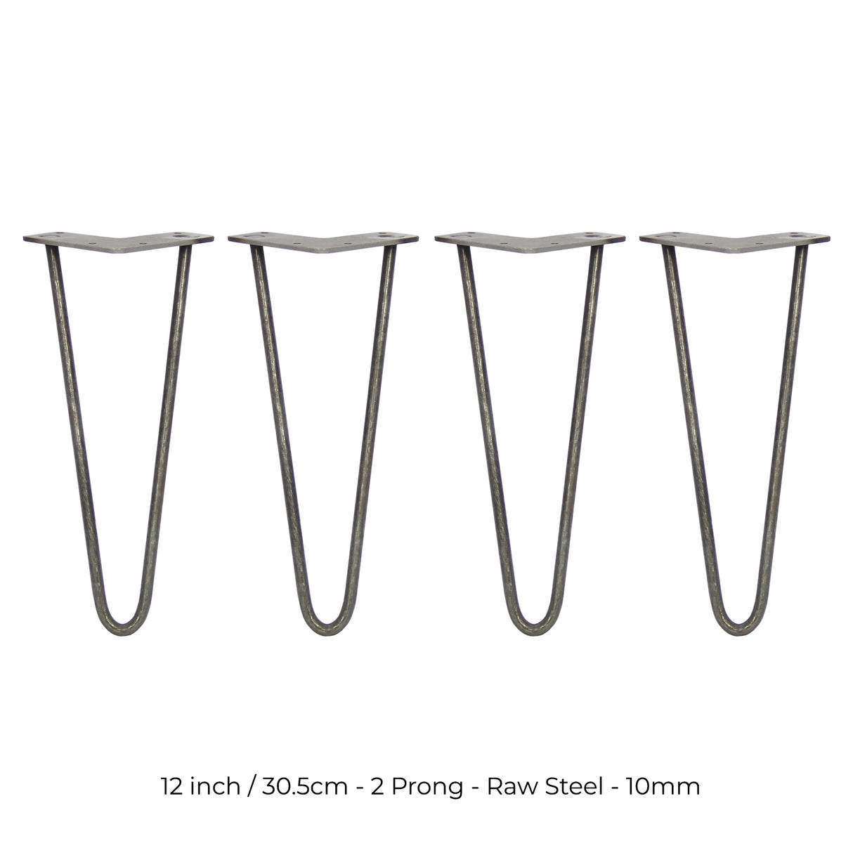 4 x 12" Hairpin Legs - 2 Prong - 10mm - Raw Steel