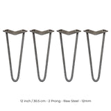 4 x 12" Hairpin Legs - 2 Prong - 12mm - Raw Steel