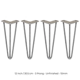 4 x 12" Hairpin Legs - 3 Prong - 10mm - Raw Steel
