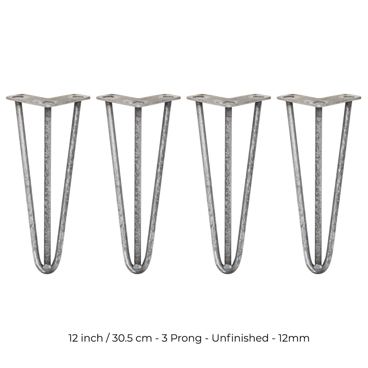 4 x 12" Hairpin Legs - 3 Prong - 12mm - Raw Steel
