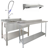 KuKoo Commercial Sink With Pre-Rinse Tap, 6ft Stainless Steel Catering Bench, 2 x Wall Mounted Shelves
