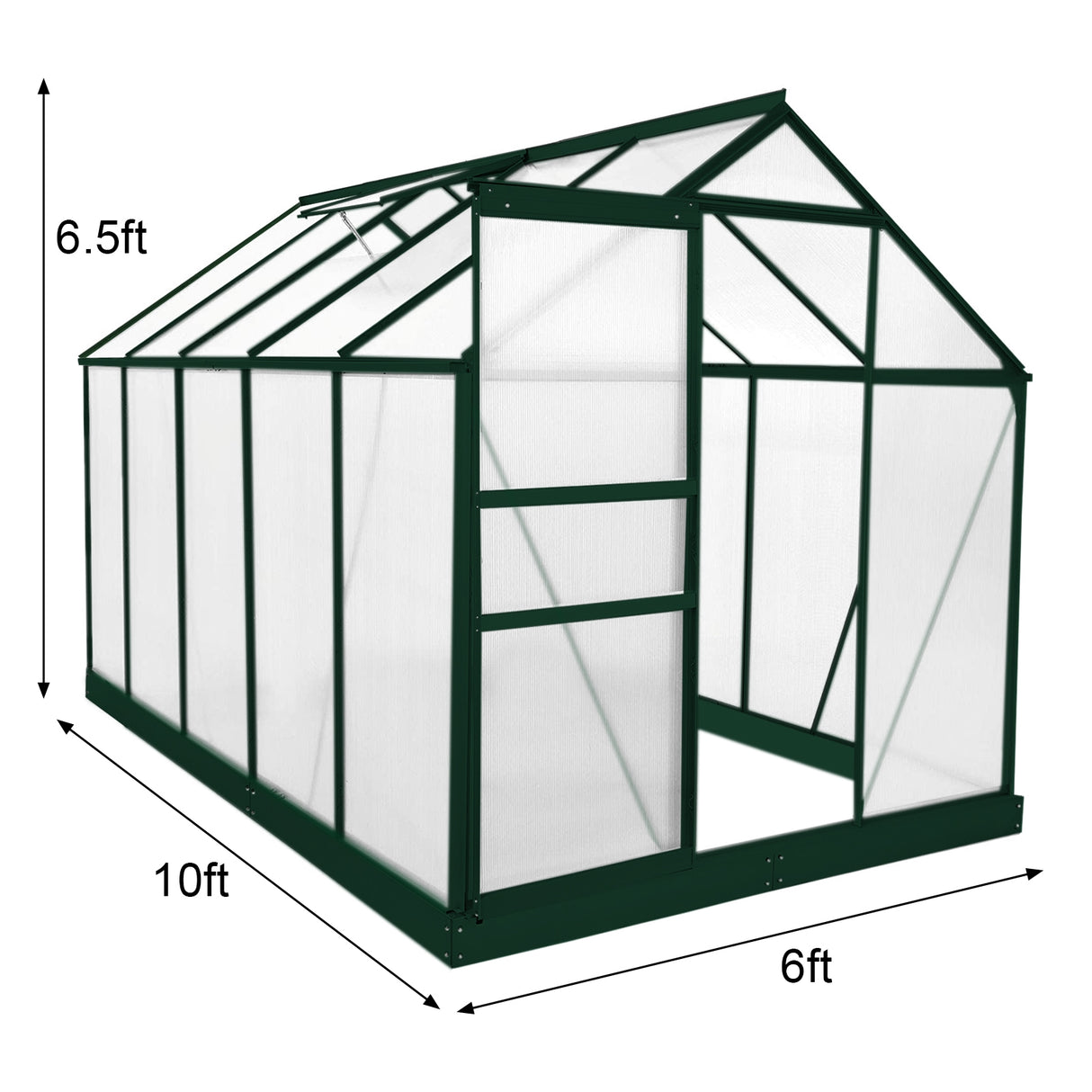 Greenhouse Polycarbonate 6ft x 10ft With Base (Green)
