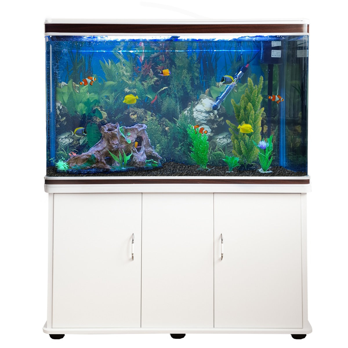 Aquarium Fish Tank &amp; Cabinet with Complete Starter Kit - White Tank &amp; Black Gravel